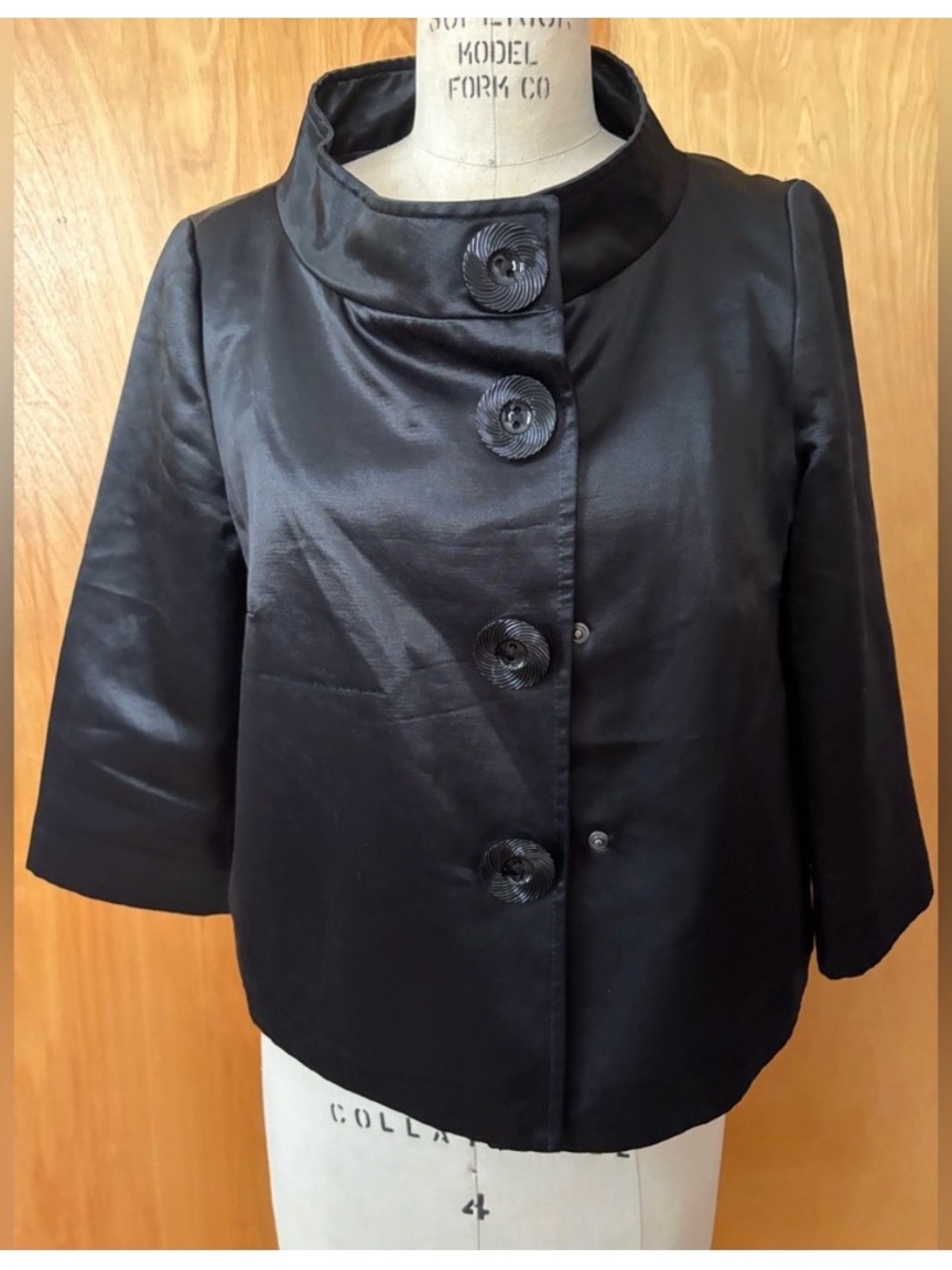 Vintage Motivi Black Satin Cropped Jacket Size 6 High Neck Evening Cocktail